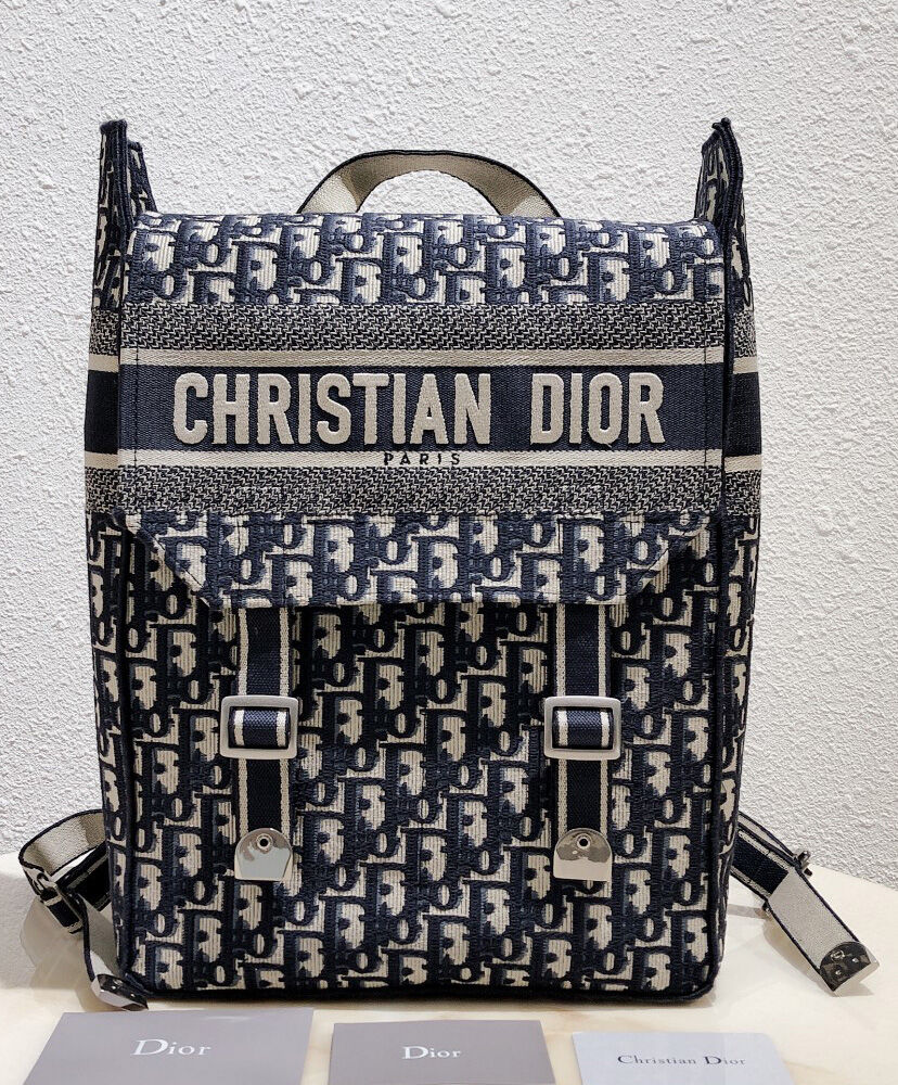 Christian Dior Backpack Oblique Embroidered Canvas Dark Blue